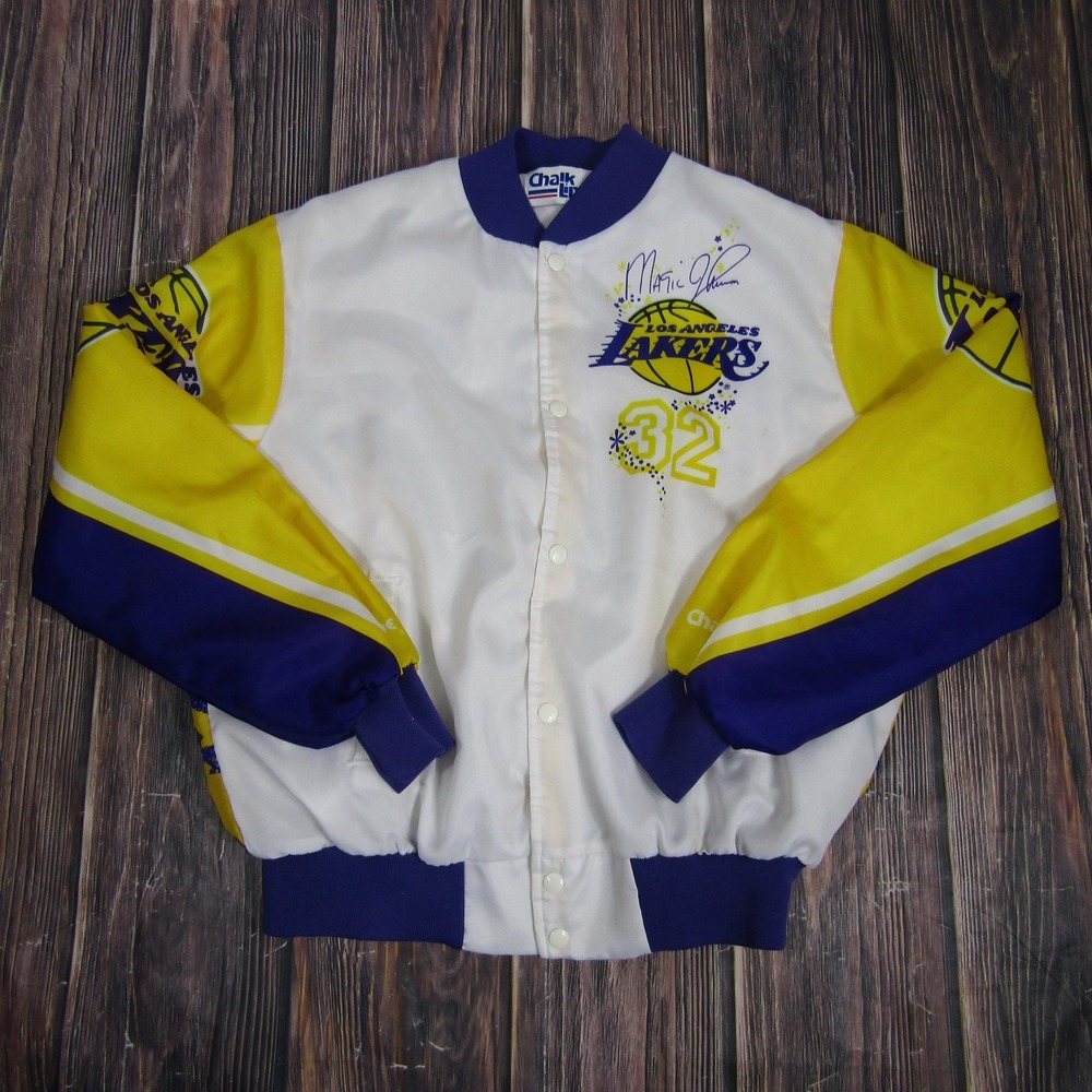 Vintage Los Angeles Lakers Jacket Mens Large NBA Magic Johnson Chalk Line Satin